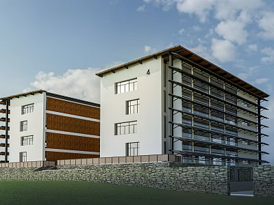 Modern Guesthouse Building With White Facade Brown Accent Balconies Stone Wall And Green Lawn 3d model
