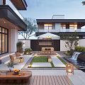 Modern Courtyard Garden With Waterfall Feature Green Lawn Stone Pathway And Wooden Seating