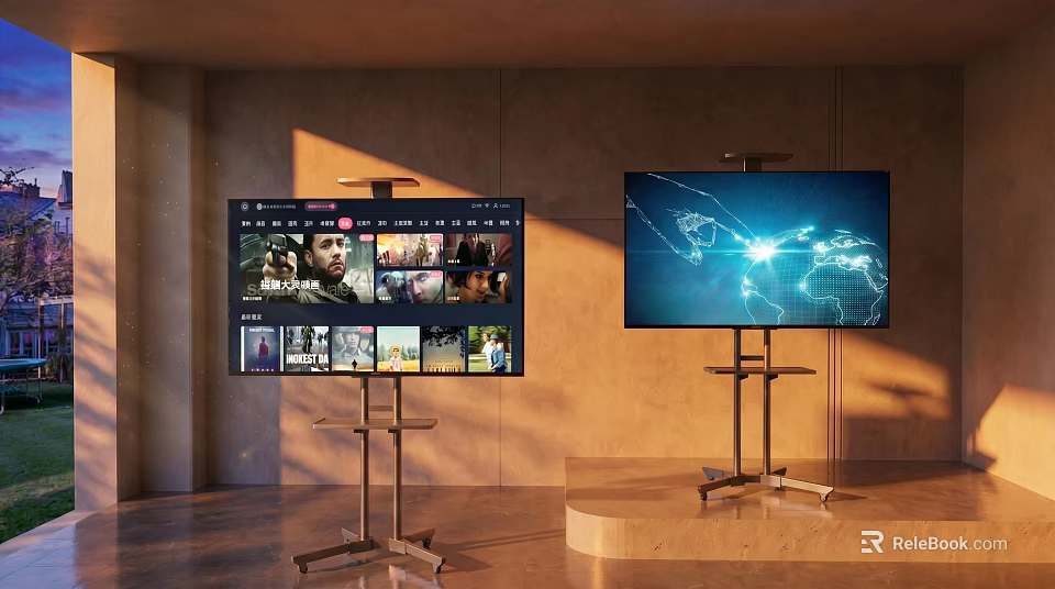 Two Modern Televisions Displaying Streaming Content And Data Visualization On Stands Warm Lit Interior 3d model 