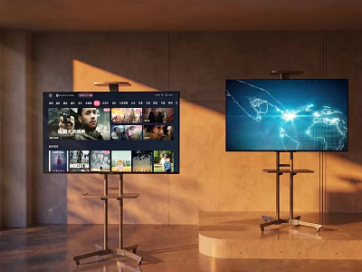 Two Modern Televisions Displaying Streaming Content And Data Visualization On Stands Warm Lit Interior 3d model