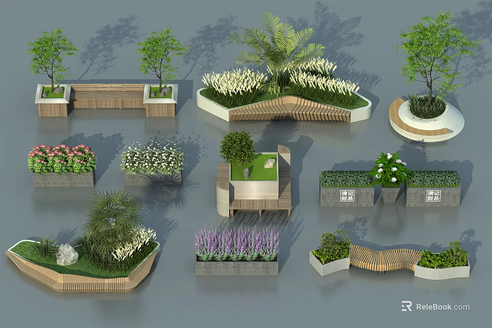 Creative Tree Planter Designs With Various Shapes And Green Plants For Outdoor Gardens 3d model 