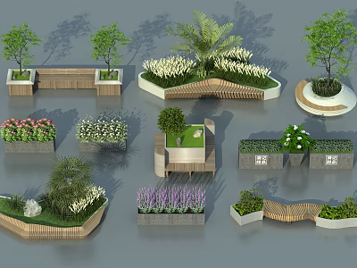 Creative Tree Planter Designs With Various Shapes And Green Plants For Outdoor Gardens 3d model