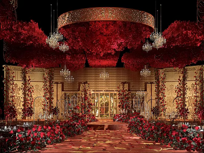 Elegant Banquet Hall Interior With Red Flower Decorations Chandeliers Golden Walls Stage And Carpet 3d model