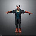 3D Demon Character With Red Skin Horns Blue Vest And Dark Pants Standing Arms Outstretched