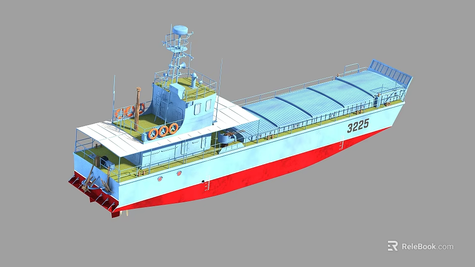 Military Ship With Blue And Red Hull Featuring Number 3225 And Deck Structure 3d model 