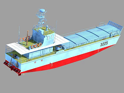 Military Ship With Blue And Red Hull Featuring Number 3225 And Deck Structure 3d model