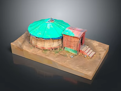 Traditional Nomadic Shelter Model With Green Roof Yurt And Red Wooden Cabin 3d model