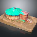 Traditional Nomadic Shelter Model With Green Roof Yurt And Red Wooden Cabin