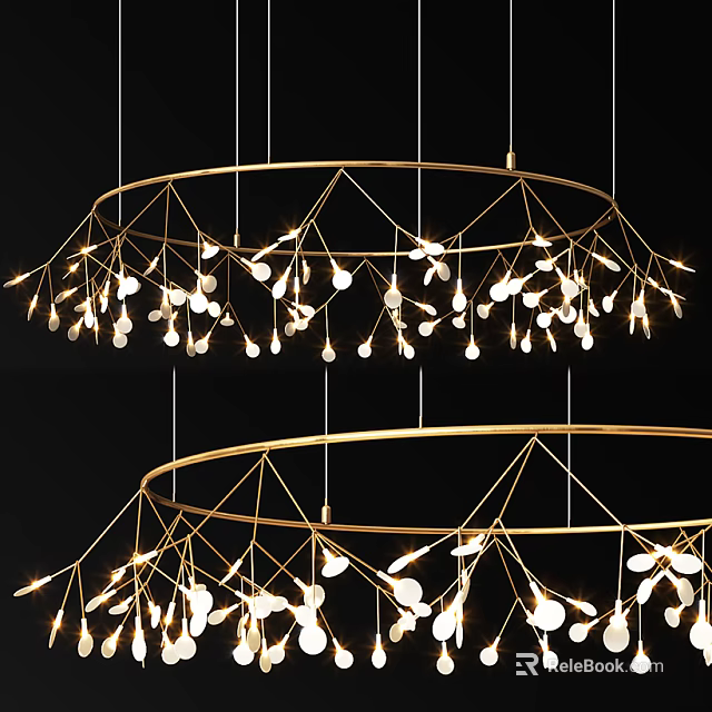 Modern Multi Layered Chandelier With Golden Frame And Hanging Light Bulbs 3d model 