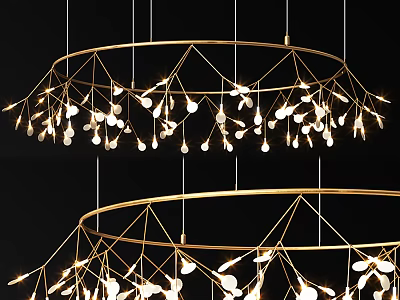 Modern Multi Layered Chandelier With Golden Frame And Hanging Light Bulbs 3d model