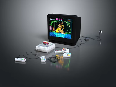 Retro Gaming Setup With Vintage TV Console Controllers And Game Cartridges 3d model