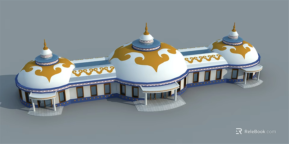 Traditional Architectural Structure With White Golden Domes And Blue Decorative Patterns 3d model 