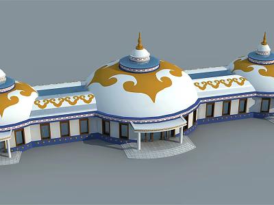Traditional Architectural Structure With White Golden Domes And Blue Decorative Patterns 3d model