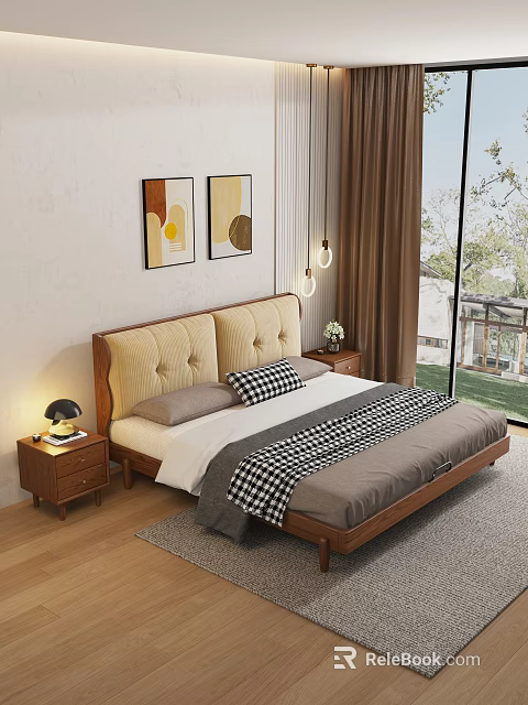 Cozy Double Bed Interior With Beige Padded Headboard Wooden Frame Nightstand Lamp And Wall Art 3d model 