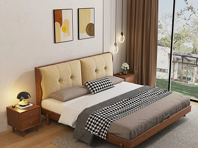 Cozy Double Bed Interior With Beige Padded Headboard Wooden Frame Nightstand Lamp And Wall Art 3d model