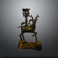 Ornate Bronze Sculpture With Riding Deer Figure On Stone Base And Gold Black Hues