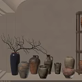 Ceramic Vessels Display With Dried Branches By Window And Wooden Shelf