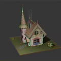 Fairy Tale Cottage With Pink Spire Red Roof Arched Windows And Green Lawn Pathway