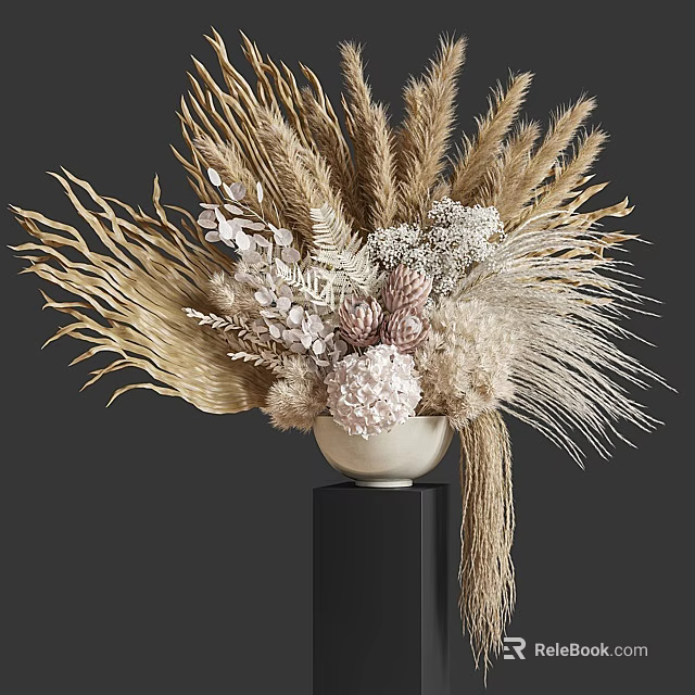 Natural Dried Floral Decorative Ornament Set With White Vase And Black Pedestal 3d model 