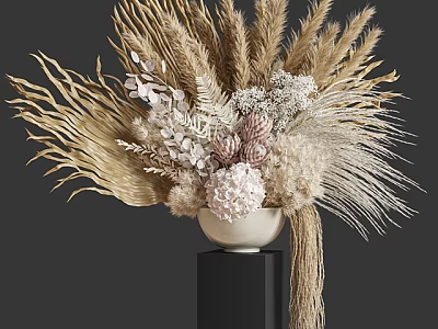 Natural Dried Floral Decorative Ornament Set With White Vase And Black Pedestal 3d model