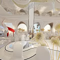 Luxurious Banquet Hall Interior with Crystal Chandeliers Elegant Stage Round Dining Tables and Floral Decorations