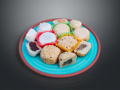 Traditional Assorted Desserts on Blue Plate with Coconut Sesame Coating and Stuffed Fillings 3d model