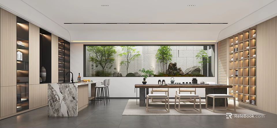 Modern Tea Room Interior Design With Tea Sets Green Plants Stone And Wooden Table Chairs 3d model 