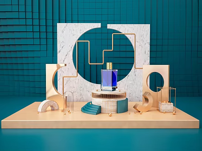 Ecommerce Product Display With Purple Bottle Marble Decor And Golden Geometric Shapes On Teal Background 3d model