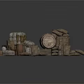 Modern Storage Display Featuring Stacked Sacks Clay Pots Wooden Barrel And Crates