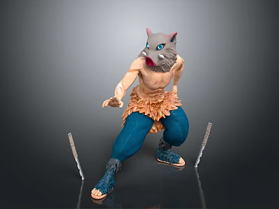 Anthropomorphic Cat Headed Figurine Standing With Blue Pants Orange Decor Skirt And Sticks 3d model