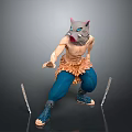 Anthropomorphic Cat Headed Figurine Standing With Blue Pants Orange Decor Skirt And Sticks