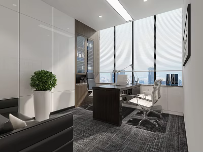 Modern Office Interior With Large Windows Blinds Desk Office Chairs Green Plant Sofa And Carpet 3d model