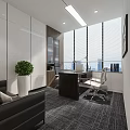 Modern Office Interior With Large Windows Blinds Desk Office Chairs Green Plant Sofa And Carpet