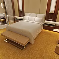 Modern Hotel Guest Room With White Bed Wooden Accents Warm Lighting And Carpet