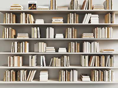 Neatly Arranged White Bookshelves Filled With Various Books Of Different Heights And Stacked Volumes 3d model