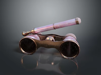 Military Binoculars With Metal Frame And Brass Accents On Black Reflective Surface 3d model