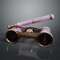 Military Binoculars With Metal Frame And Brass Accents On Black Reflective Surface