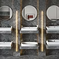 Three Modern Washbasins With Round Mirrors On Marble Wall And LED Strip Lighting