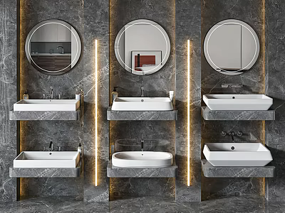 Three Modern Washbasins With Round Mirrors On Marble Wall And LED Strip Lighting 3d model