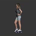 Woman standing in gray t-shirt and denim shorts with purple roller skates on reflective floor