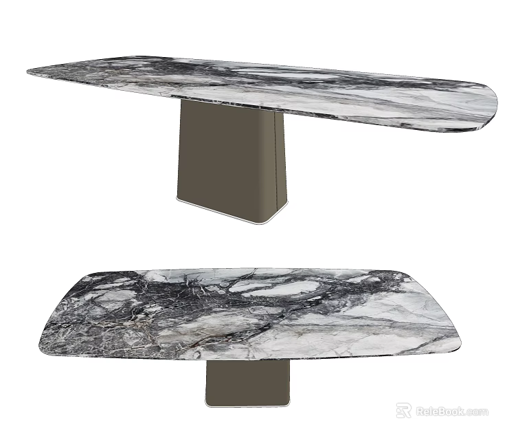 Stylish Dining Table With Black And White Veined Marble Top And Metal Base 3d model 