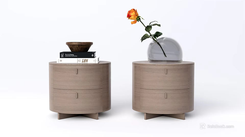 Light Wooden Round Nightstands With Drawers Books Brown Bowl And Glass Dome Orange Rose 3d model 