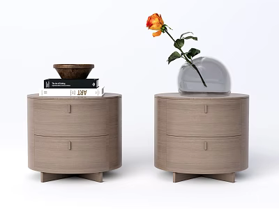Light Wooden Round Nightstands With Drawers Books Brown Bowl And Glass Dome Orange Rose 3d model