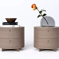 Light Wooden Round Nightstands With Drawers Books Brown Bowl And Glass Dome Orange Rose