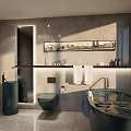 Modern Bathroom Interior With Gray Walls Green Bathtub Toilet Sink Mirror Towel Rack And Plants