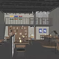Industrial Style Bar Interior With Bar Counter Tables Chairs And Screen Lighting