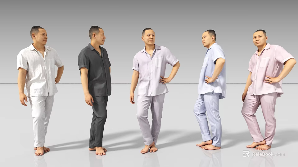 Men in Different Colored Pajamas Standing Casually in a Row 3d model 