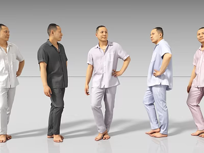 Men in Different Colored Pajamas Standing Casually in a Row 3d model