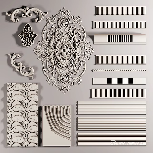 Various Decorative Architectural Components With Ornate Carvings Moldings Panels And Designs 3d model