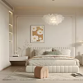 Elegant Modern Bedroom Interior With White Upholstered Bed Chandelier Floral Painting And Nightstands